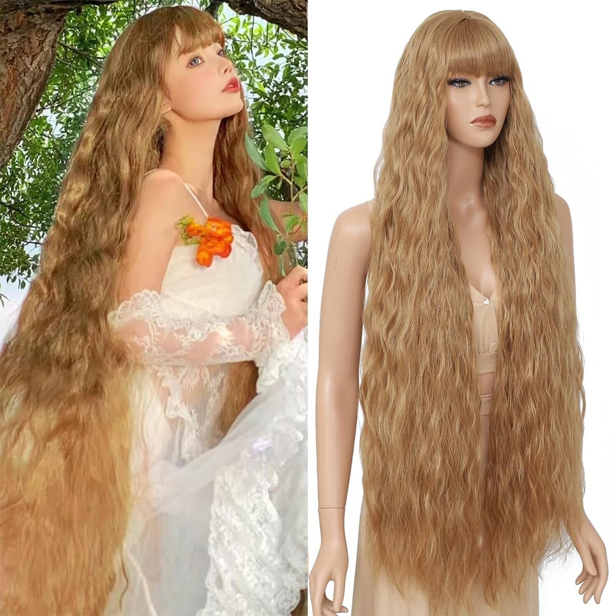 XC CLOUDS Long Wavy Wig with Bangs for Women,Wig Long Bangs Wig,Natural Looking Synthetic Heat Resistant Hair