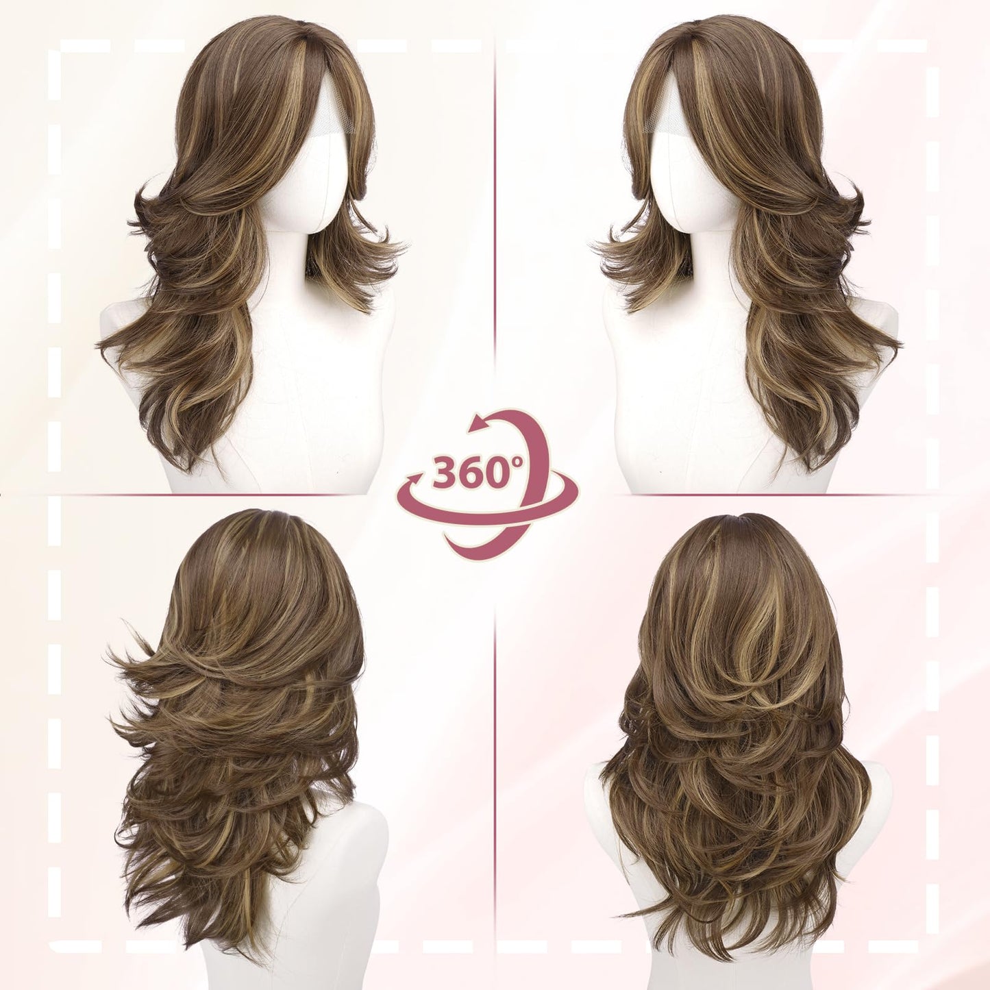 Layered Wigs with Curtain Bangs Lace Front Hairline Long Wavy Natural Looking Middle Part Synthetic Hair Wig for Women Daily Party Costume, 20 Inch