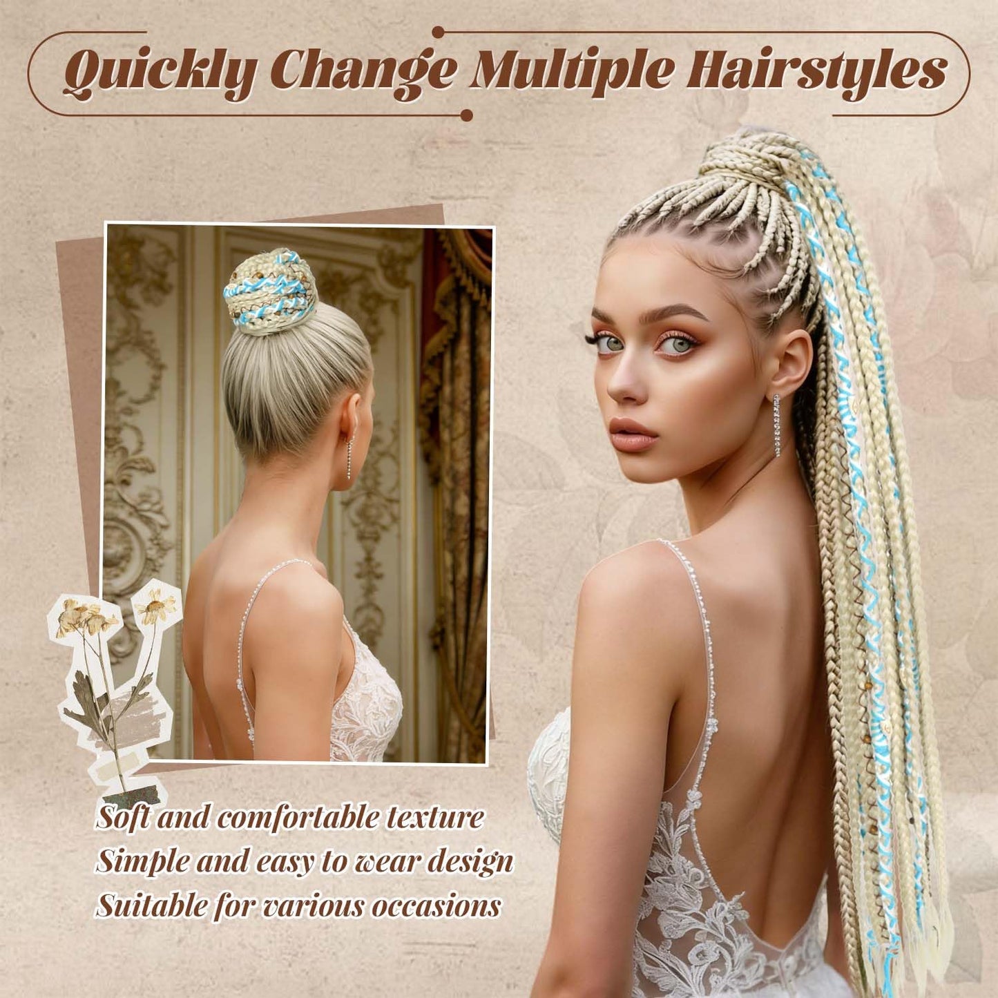 24" Boho Braided Ponytail Extension with Hair Ties, Hand-braided fashionable Long Viking Dreadlock Beads Ponytail Synthetic Hairpiece