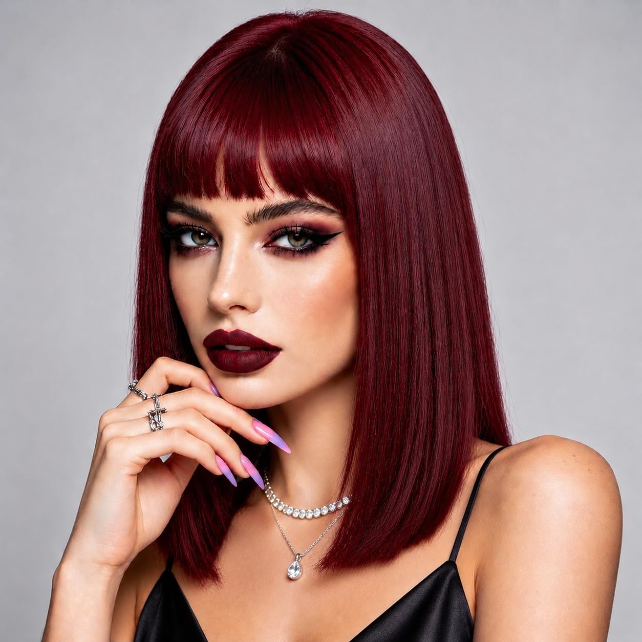XCHJH Bob Wig with Bangs Short Straight Wigs for Women Shoulder Length Bob Wigs Heat Resistant Fiber Synthetic Hair Natural Looking Hair Replacement Wigs