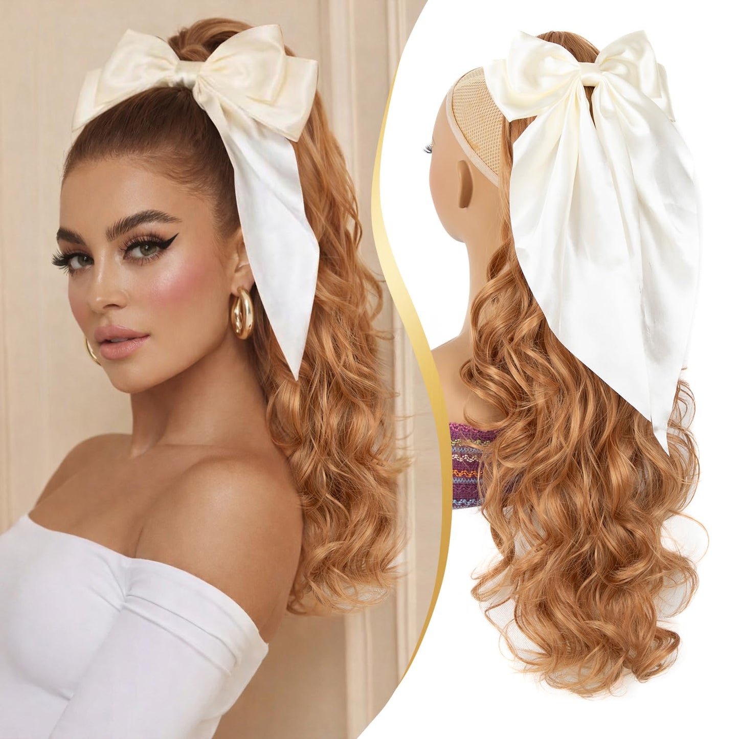 24 Inch Claw Clip in Ponytail Extension with 2 Pcs Hair Bows