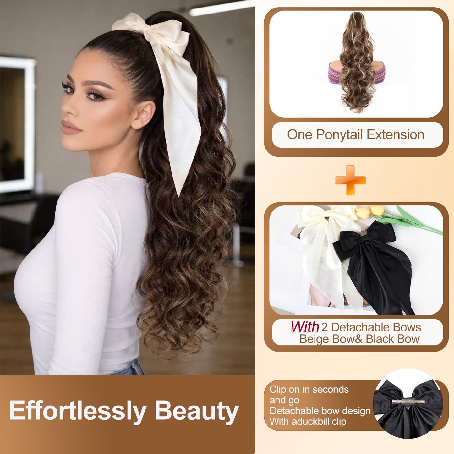 24 Inch Claw Clip in Ponytail Extension with 2 Pcs Hair Bows