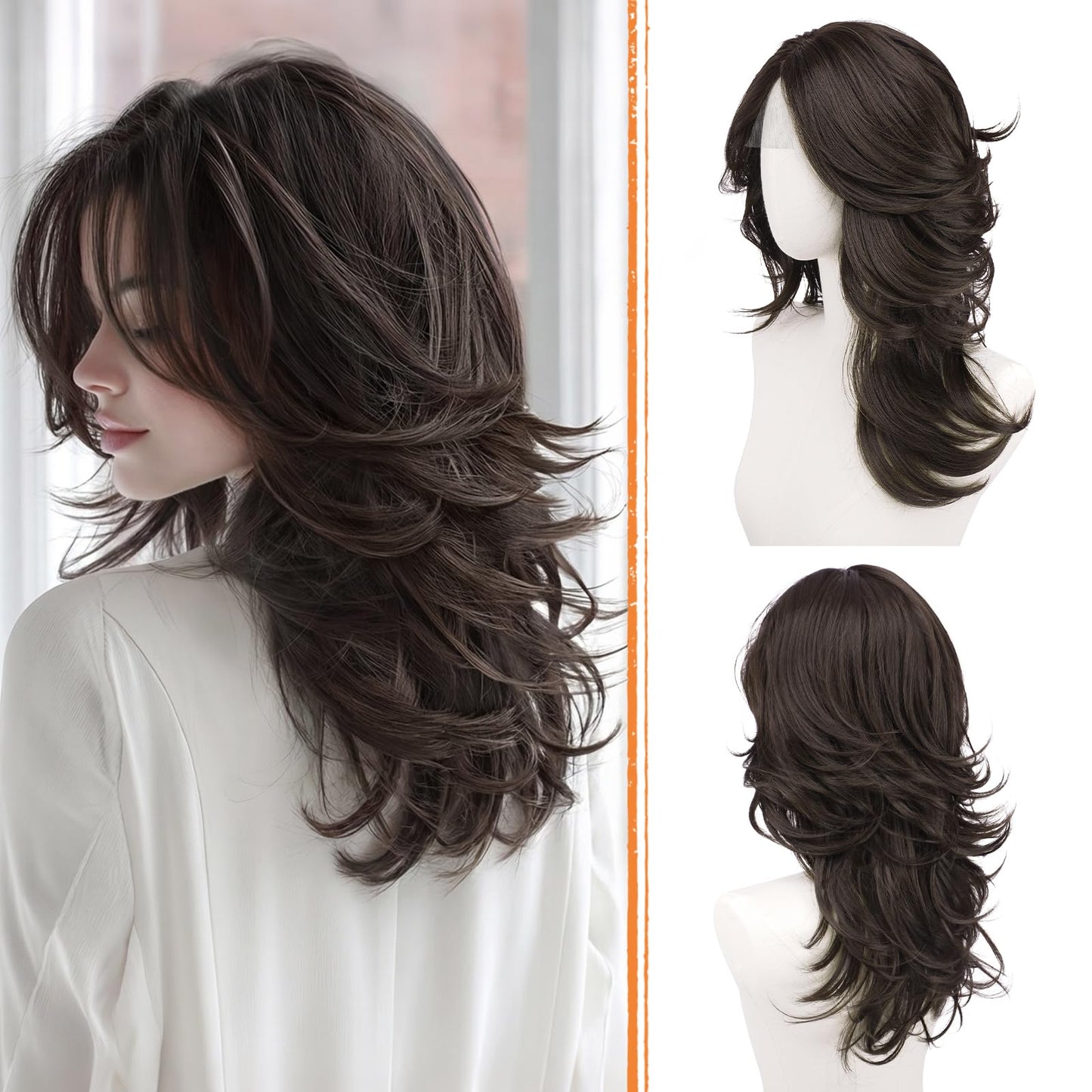 Layered Wigs with Curtain Bangs Lace Front Hairline Long Wavy Natural Looking Middle Part Synthetic Hair Wig for Women Daily Party Costume, 20 Inch