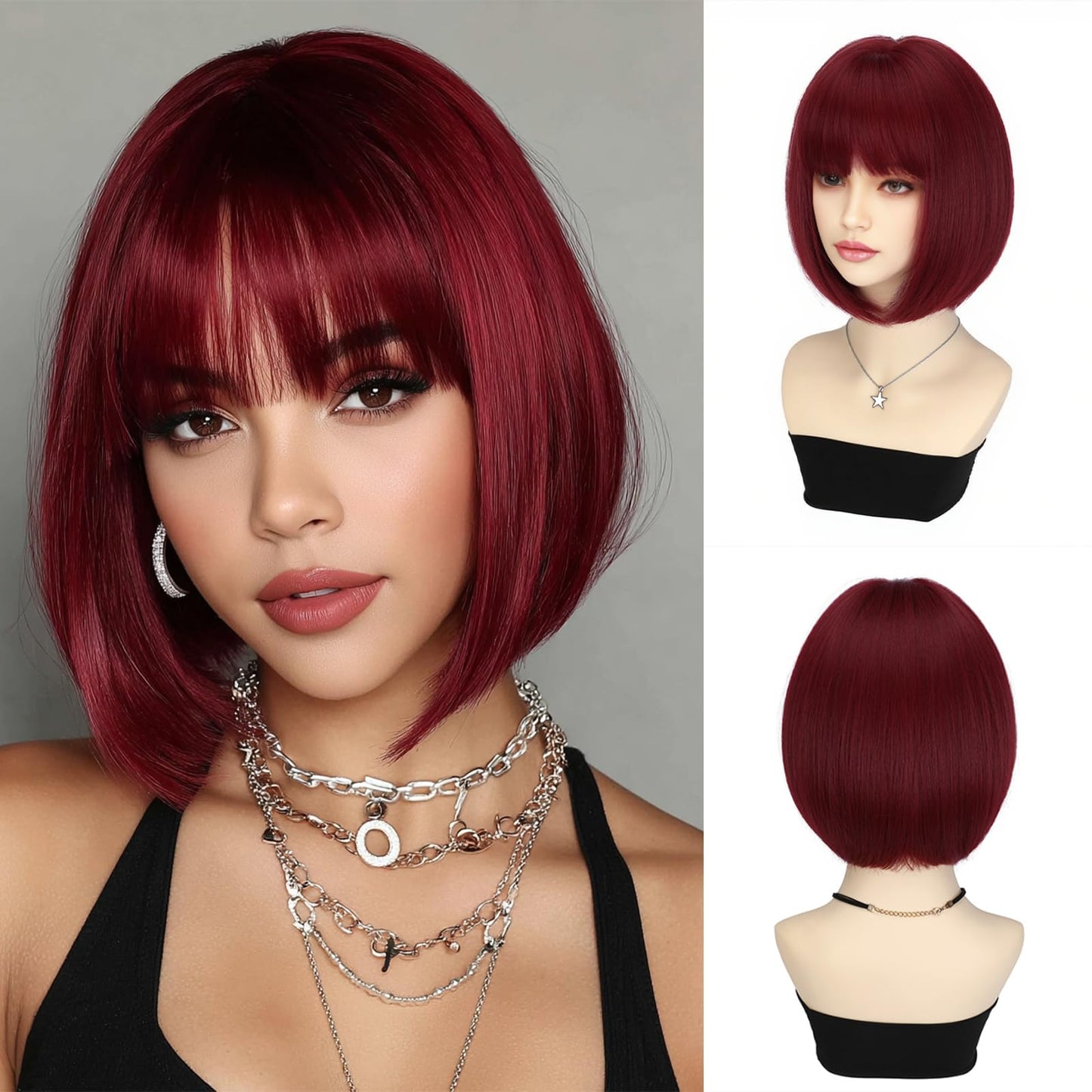 12" Short bob wig with bangs, Black / Pink Wig for women Daily Use