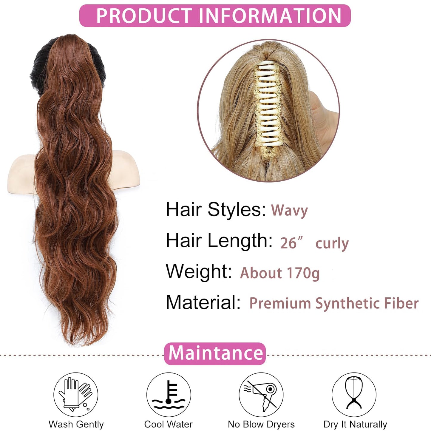 Long Wavy Ponytail Extension, 26" Claw Clip Ponytail Extension for Women Long Wavy Pony Tails Hair Extensions Synthetic Clip in Ponytail for Daily Use