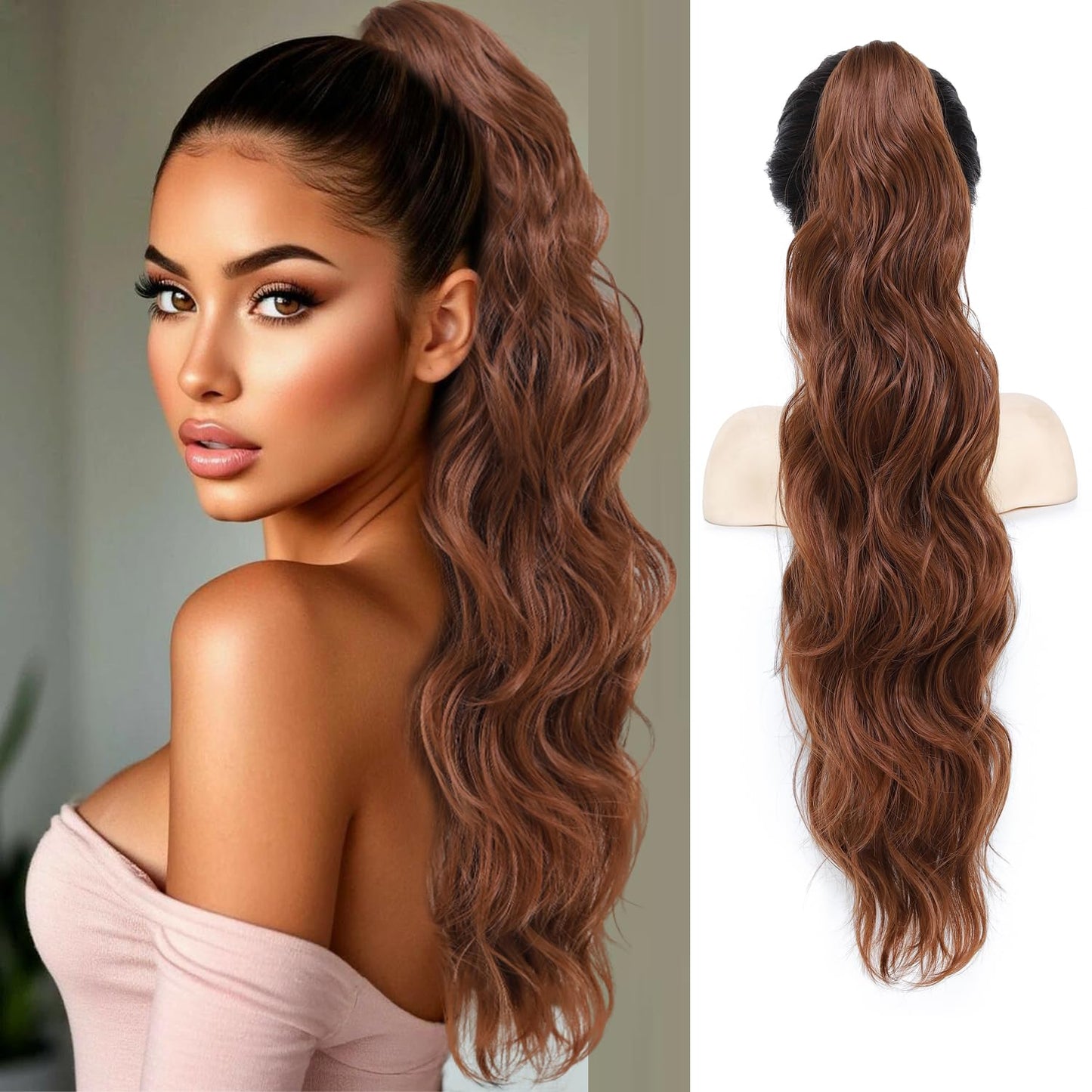 Long Wavy Ponytail Extension, 26" Claw Clip Ponytail Extension for Women Long Wavy Pony Tails Hair Extensions Synthetic Clip in Ponytail for Daily Use