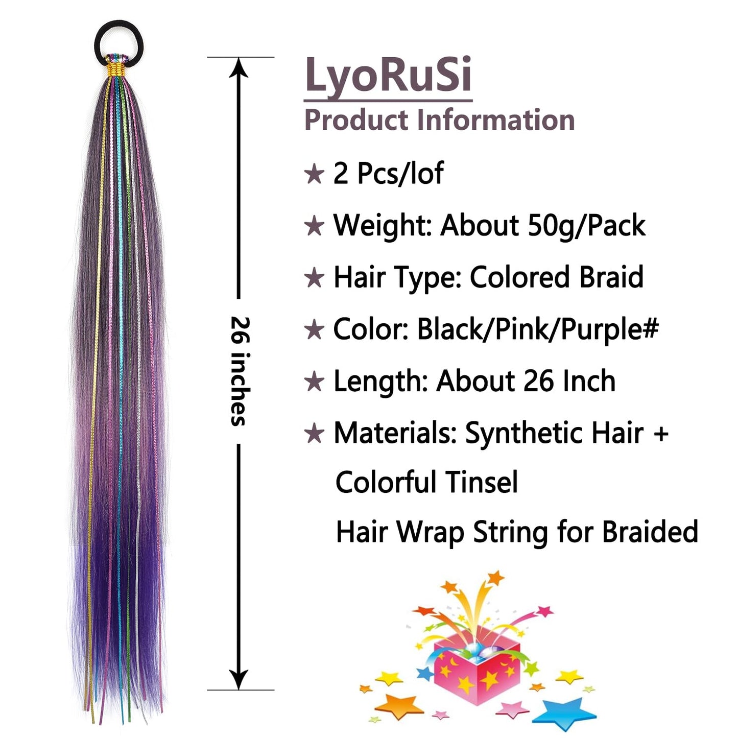 26 Inch Hair Tinsel Colored Hair Braided Ponytail Extension