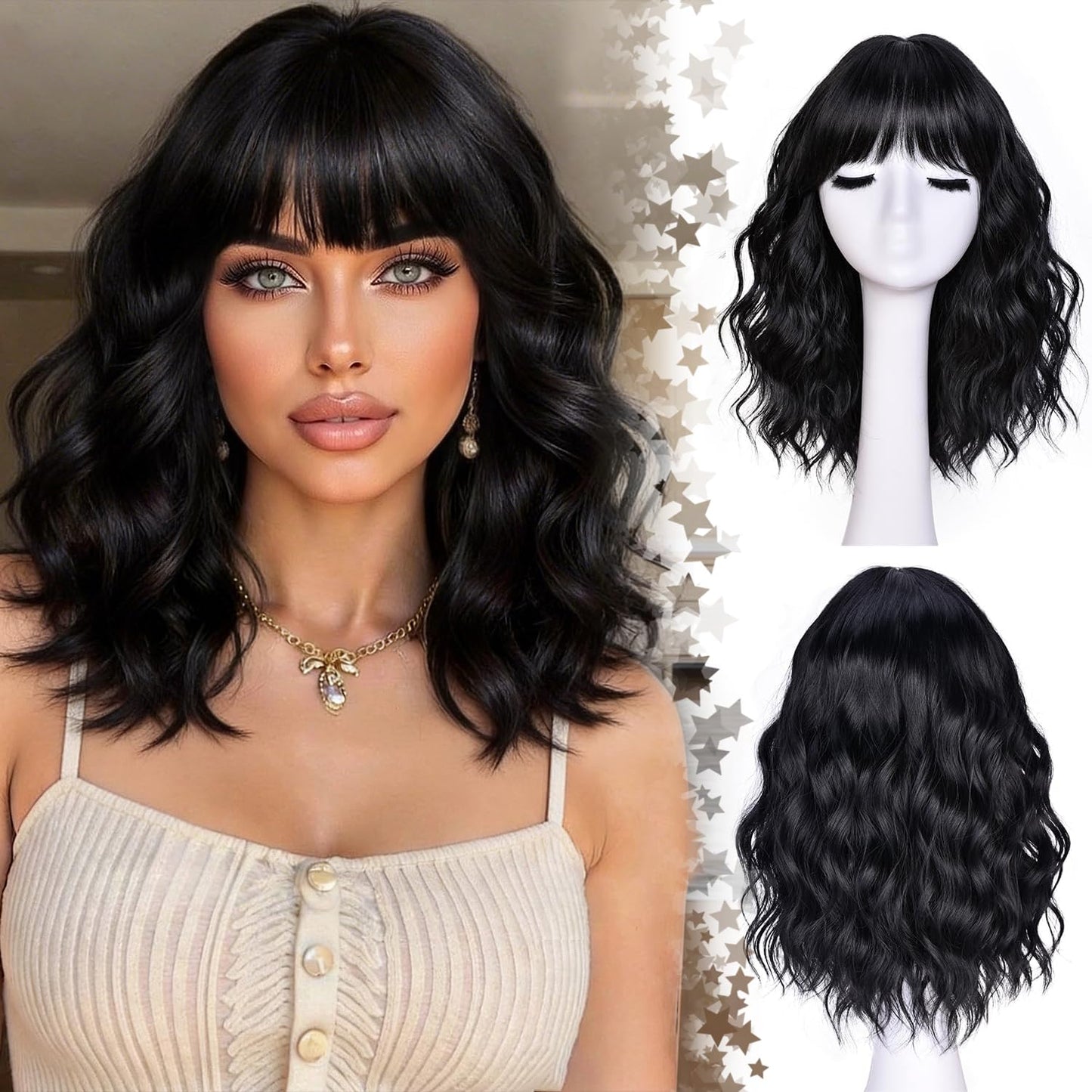Short Wavy Wig with Bangs for Women