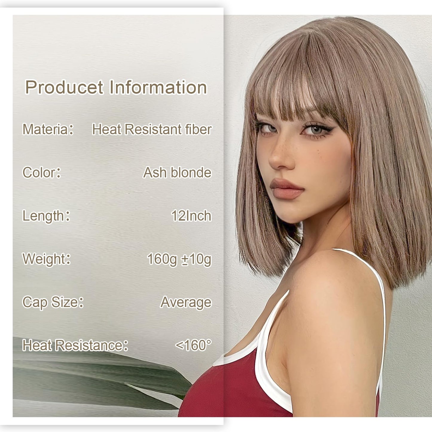 Bob Wig with Bangs-12'' Short Straight Bob Wigs for Women Super Soft and Easy to Wear, Colorful Synthetic Wig for Daily, Cosplay, Halloween