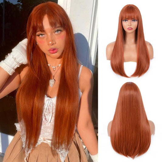 24inch Silky Straight Synthetic Wig With Bangs for Daily Use Hollaween Party