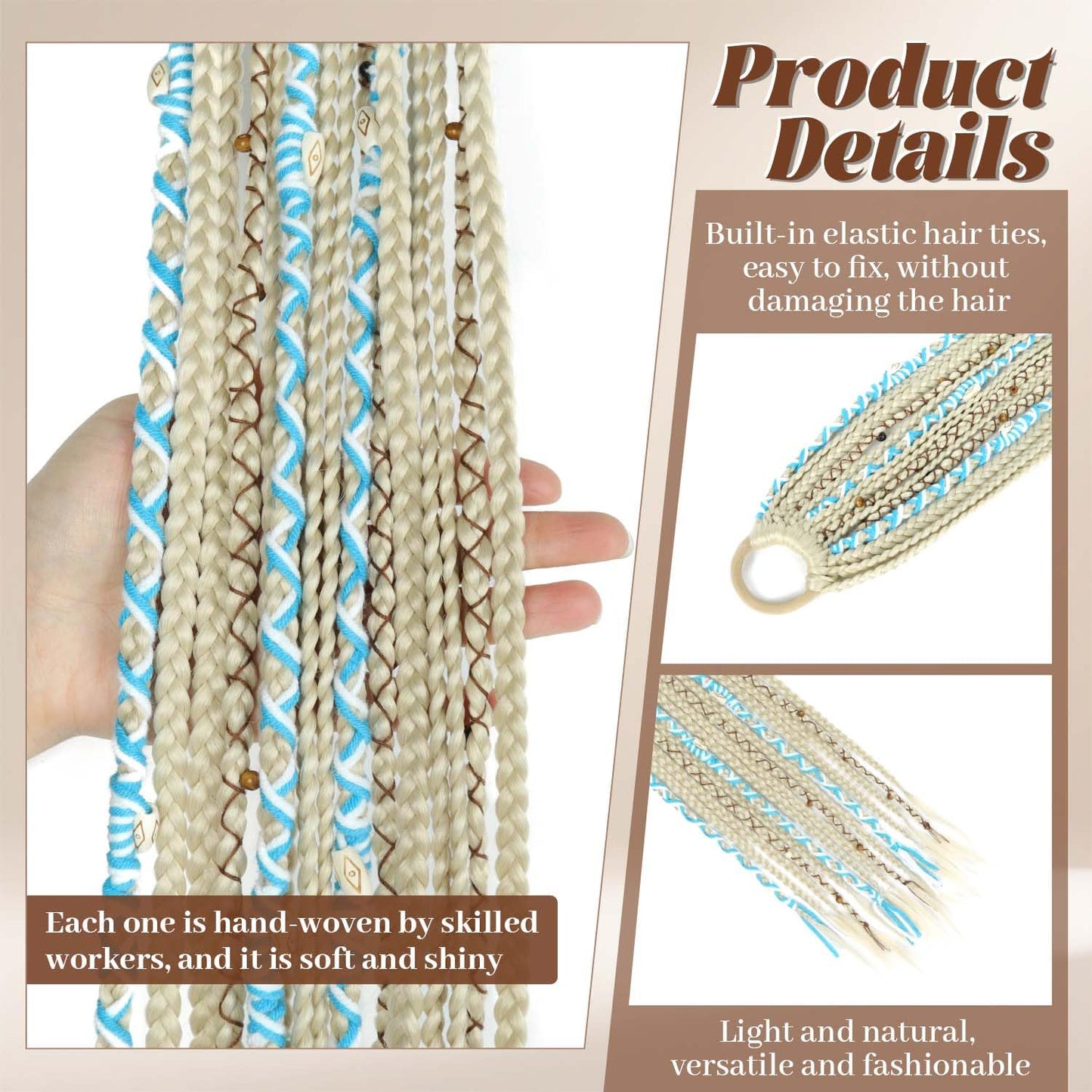 24" Boho Braided Ponytail Extension with Hair Ties, Hand-braided fashionable Long Viking Dreadlock Beads Ponytail Synthetic Hairpiece