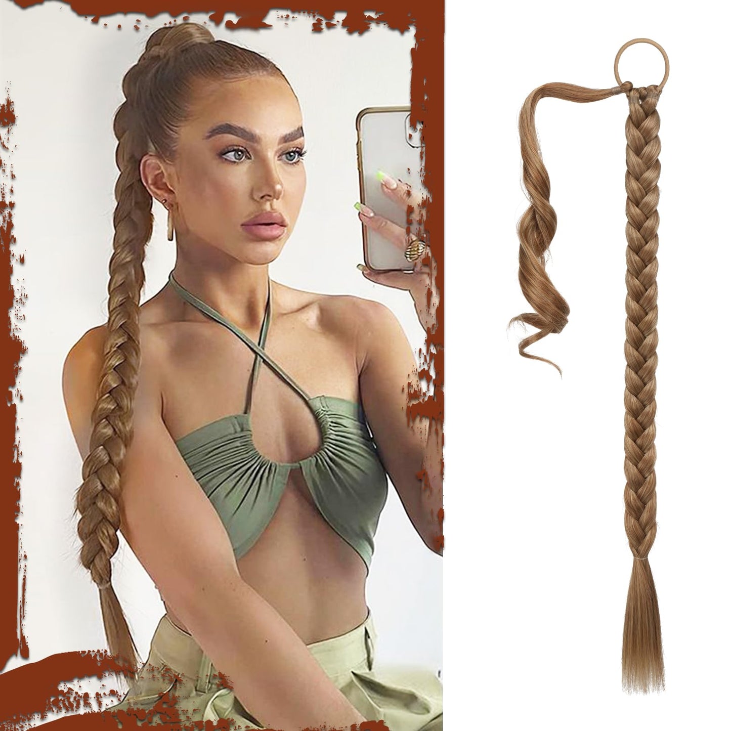 Long Braid Ponytail Extension with Hair Tie Straight Sleek Wrap Around Hair Extensions Synthetic Hair Piece Braid Pony Tail Fluffy Natural Soft Hairpieces for Women Daily Wear