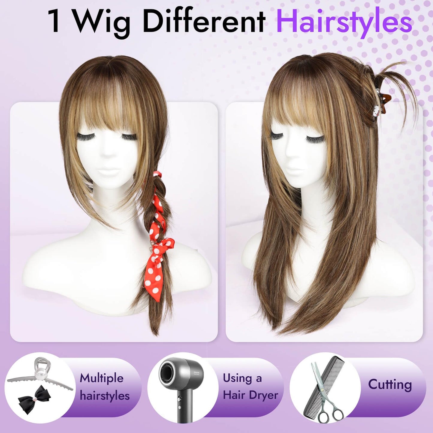 Beginner-Friendly Wig with Bangs for Women Ash Blonde Mix Platinum Highlights Straight Face-Framing Layers Hairstyle 4x4 Realistic Scalp Glueless Synthetic Wigs Medium Length for Everyday Use