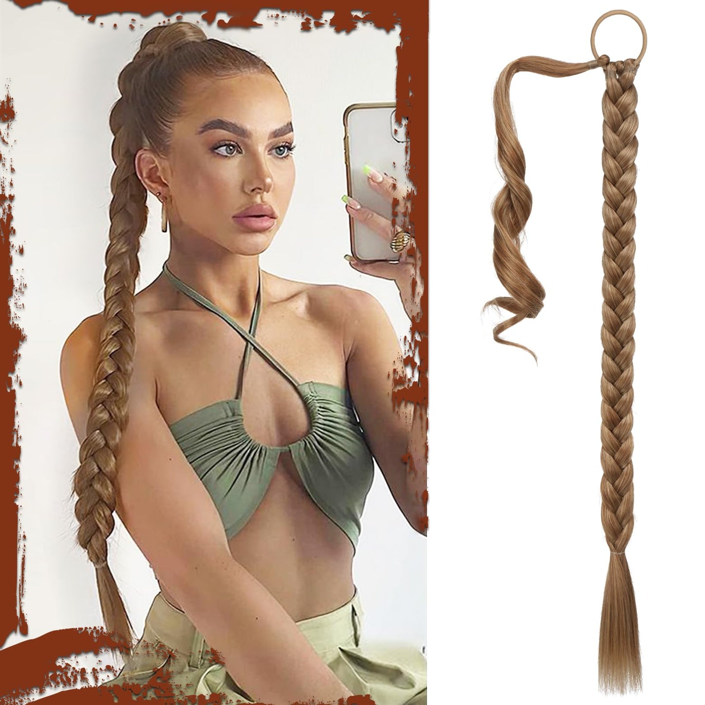 Long Braid Ponytail Extension with Hair Tie Straight Sleek Wrap Around Hair Extensions Synthetic Hair Piece Braid Pony Tail Fluffy Natural Soft Hairpieces for Women Daily Wear