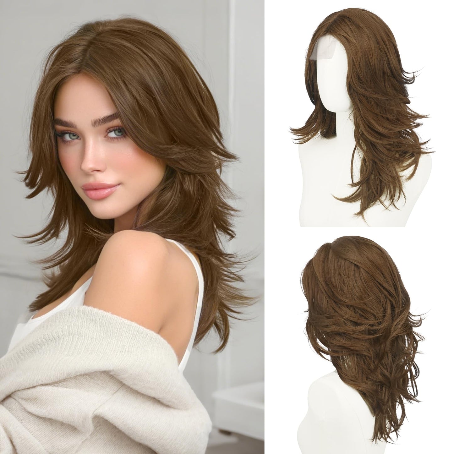Layered Wigs with Curtain Bangs Lace Front Hairline Long Wavy Natural Looking Middle Part Synthetic Hair Wig for Women Daily Party Costume, 20 Inch