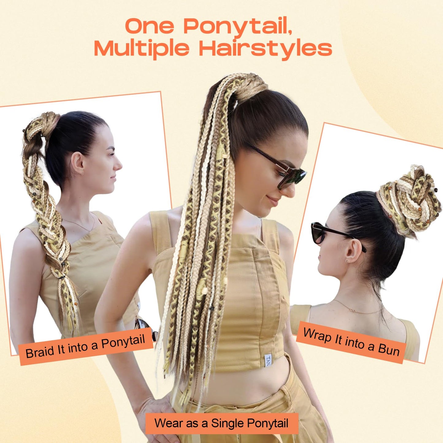 Boho Braided Ponytail Extension with Hair Tie, 24" Long Viking Dreadlock Beads Ponytail Hand-braided Braids Hair Extensions Lightweight Natural Synthetic Hairpiece for Festival Cosplay