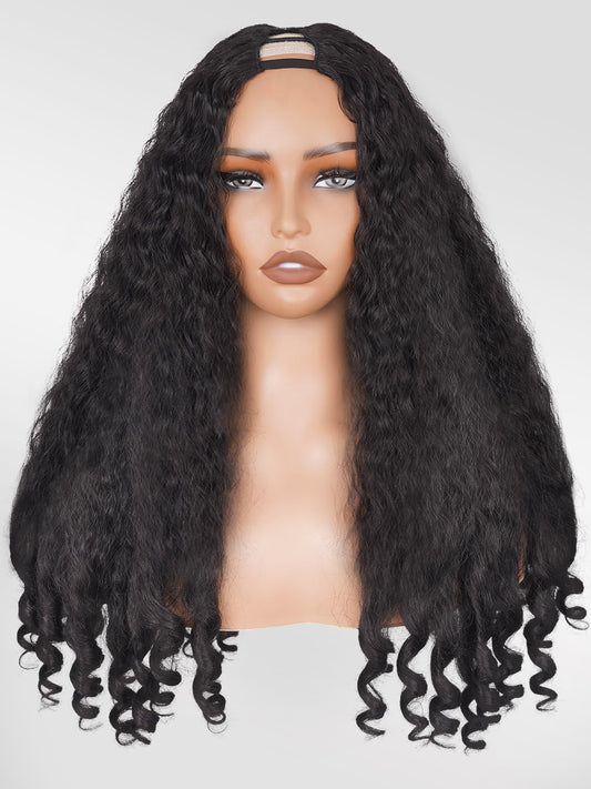 Afro Wig V Part Kinky Curly Wigs for Black Women, 180% Density Wear and Go Glueless Wig with Unique Bouncy Curls in the End, Synthetic No Leave out Clip in