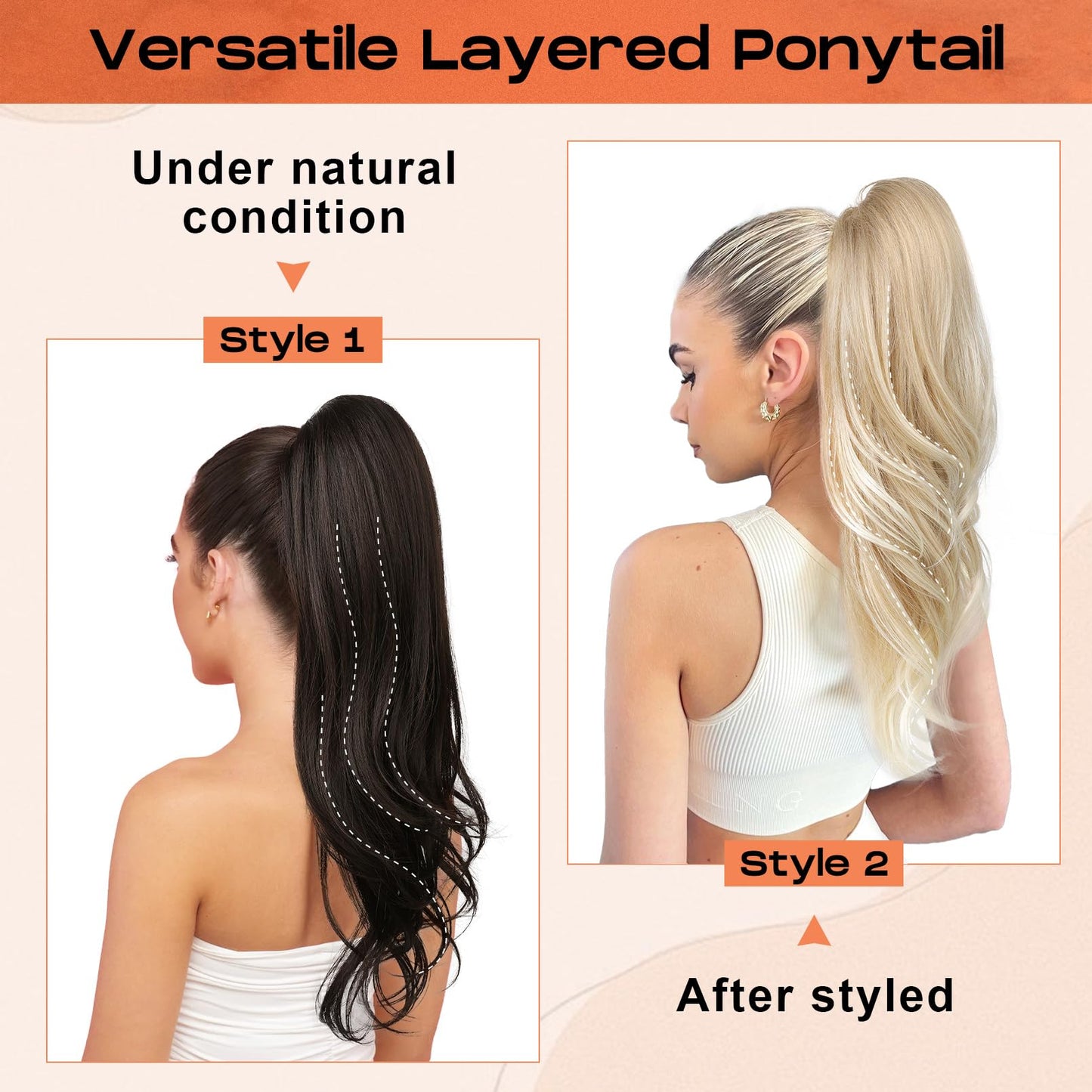 Drawstring Ponytail Extension, Long Wavy Multi Layered Clip in Ponytail Hair Extensions Stand Up High Fake Pony Tail Soft Natural Synthetic Hairpiece