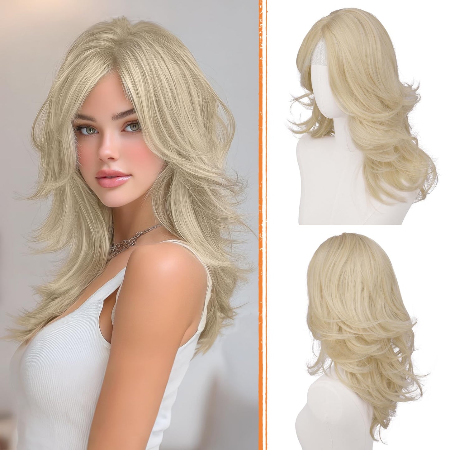 Layered Wigs with Curtain Bangs Lace Front Hairline Long Wavy Natural Looking Middle Part Synthetic Hair Wig for Women Daily Party Costume, 20 Inch
