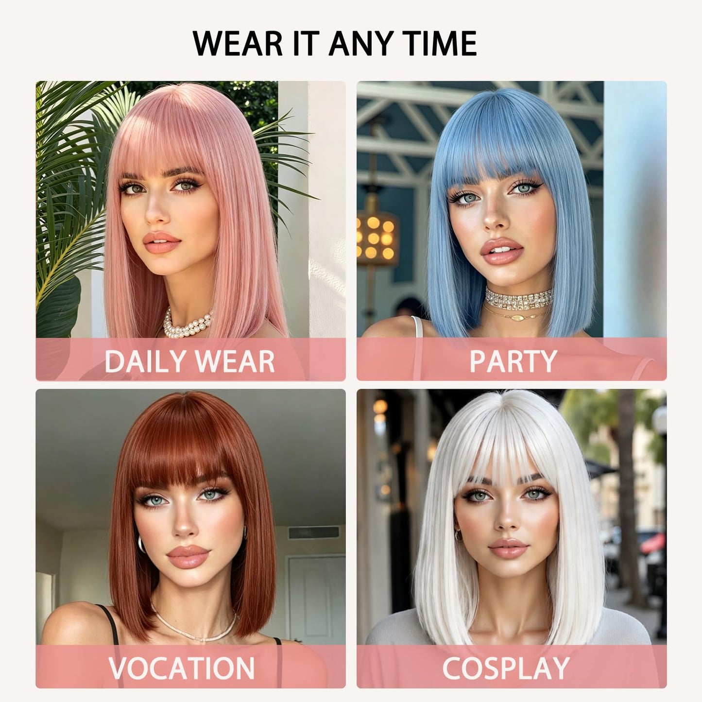 Bob Wig With Bangs Short Straight Wigs for Women 14 Inch Bob Shoulder Length Wigs Heat Resistant Fiber Synthetic Hair for Daily Party Cosplay Colorful Wigs