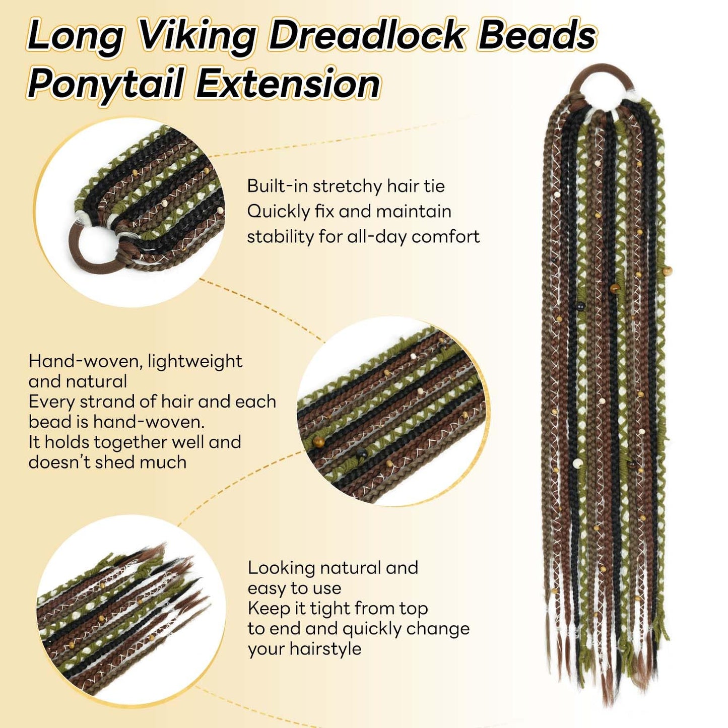 Long Boho Braided Ponytail Extension with Hair Ties, 24" Viking Dreadlock Ponytail Extension, Hand-braided Soft Braided Ponytail Extensions Synthetic Hair for Women