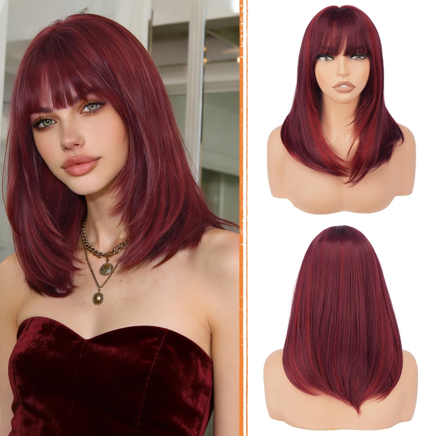 Bob Wigs with Bangs Shoulder Length Straight Natural Looking Synthetic Heat Resistant Medium Hair Wigs for Women Daily Party, 16 Inch