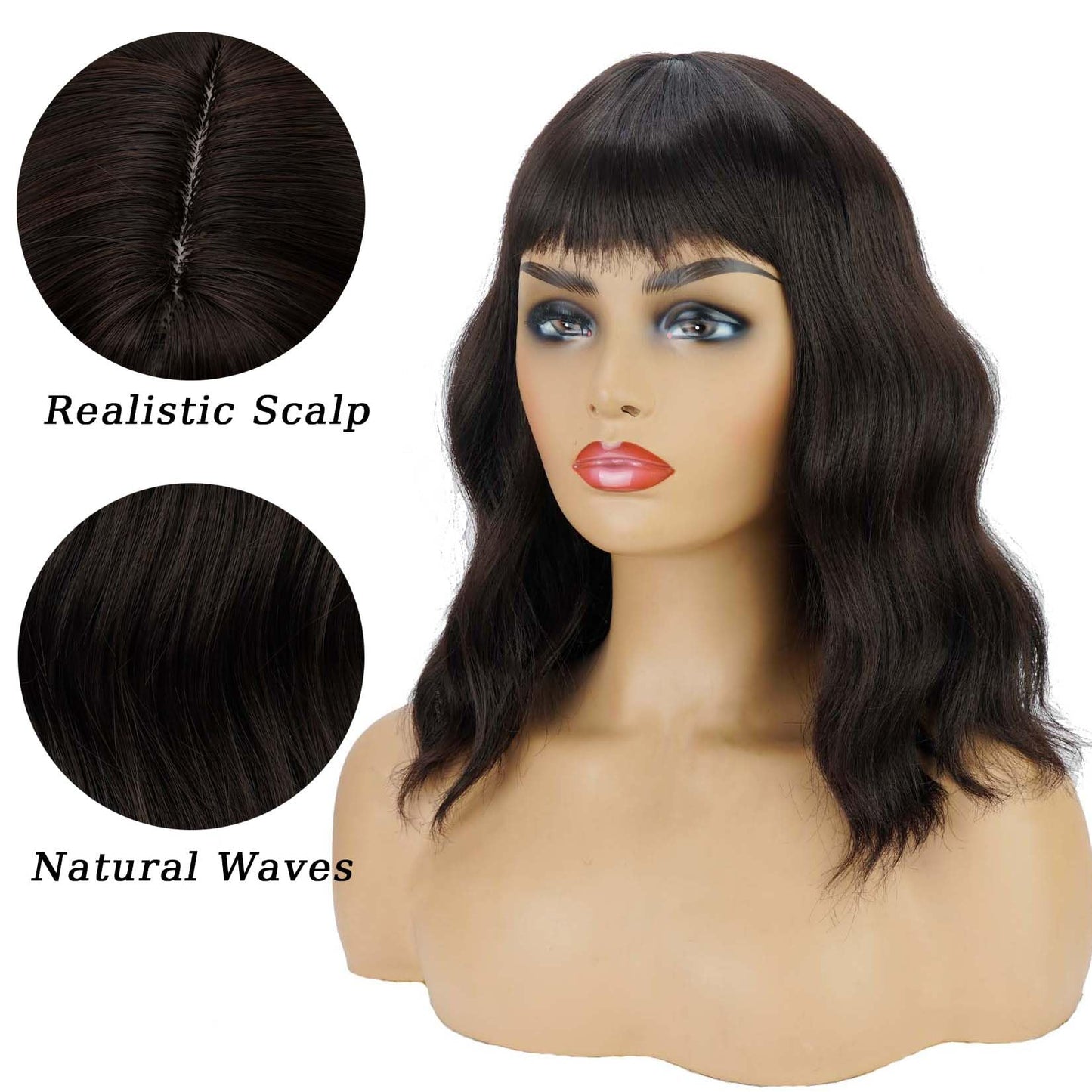 Black Wavy Wigs with Bangs Soft Short Bob Wigs for Women Synthetic Shoulder Length Women's Curly Wigs for Halloween Costumes Cosplay Daily