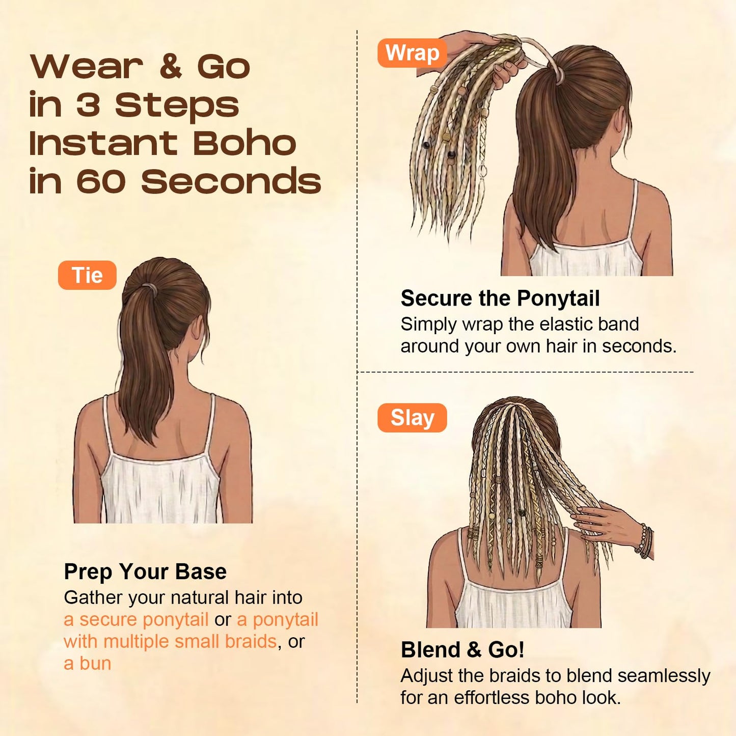 Braided Ponytail Extension on Hair Tie, 16" Full Volume Lightweight Viking Dreadlock Ponytail Braid in Dreadlock Extensions with Beads and Shells, Festival Hair Accessories for Women Girls