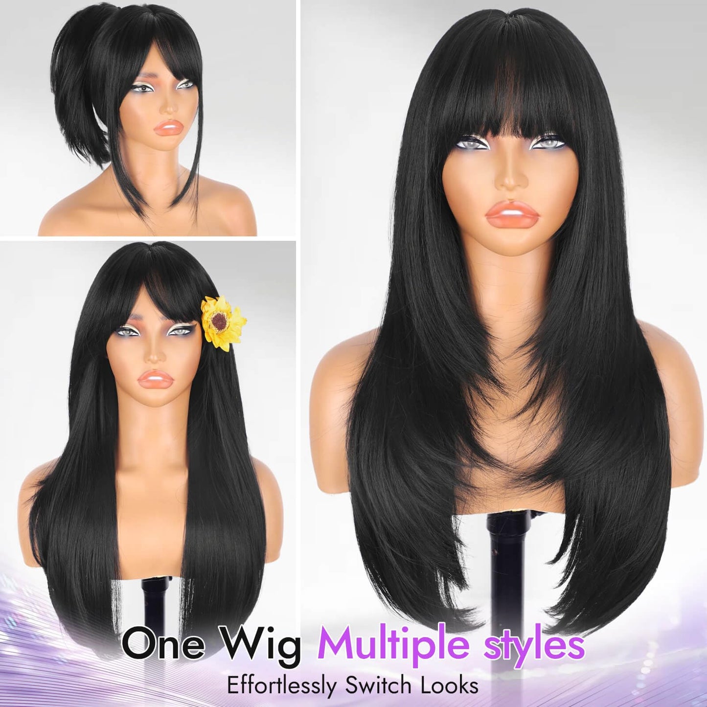 Long Wig with Bangs for Women,Layered Hairstyle Synthetic Heat Resistant for Daily Party Use