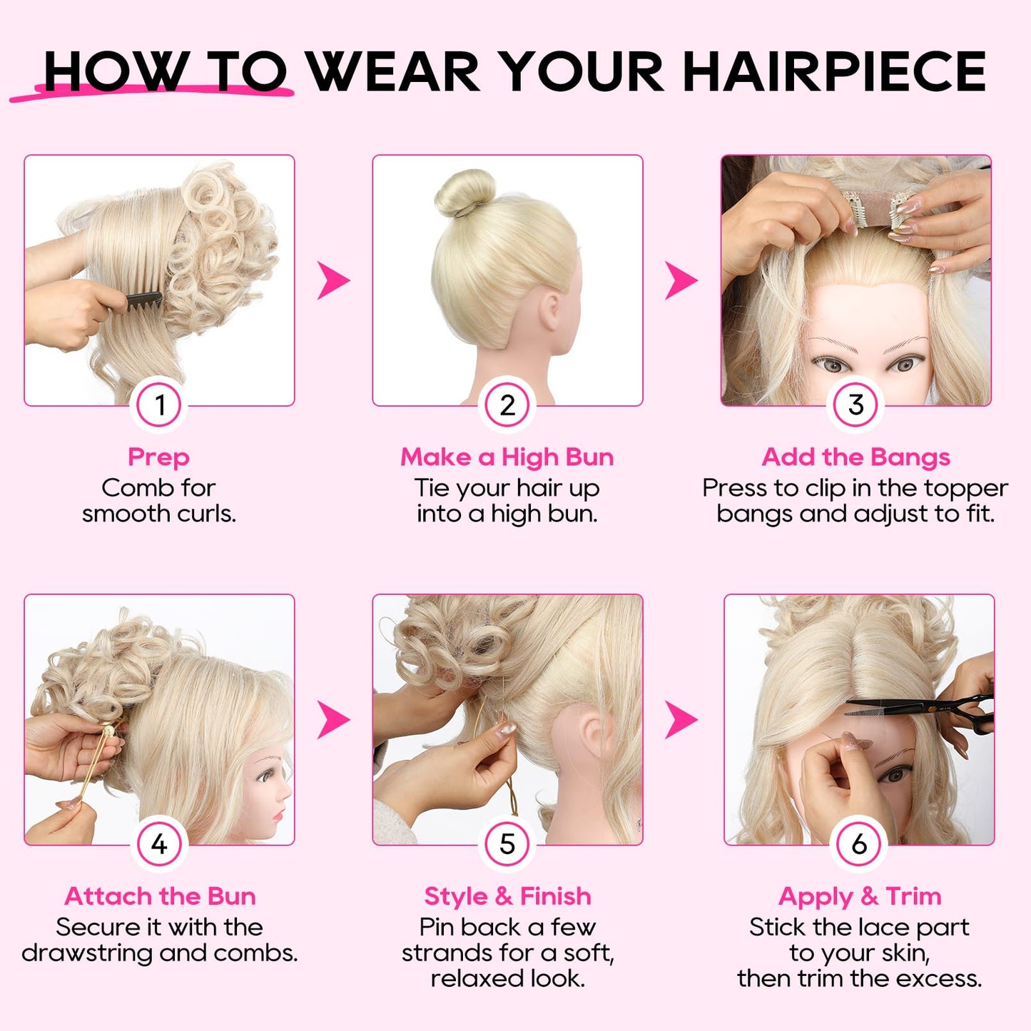 Bun Hair Piece with Bangs - 2-in-1 Hair Bun Hairpieces Curly Updo Wig & Hair Topper with Long Side Bangs Natural-Looking Drawstring Ponytail Extension for Women