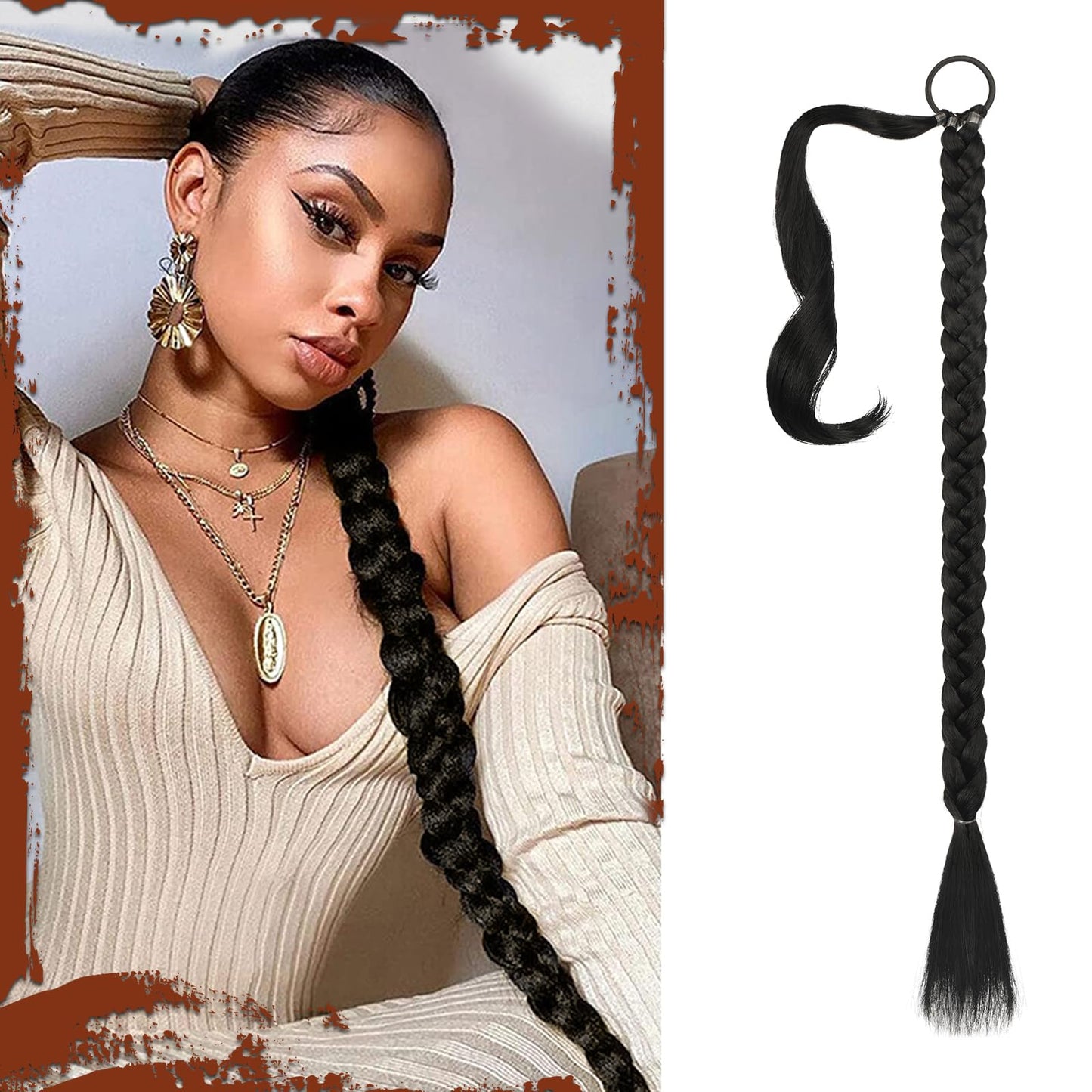 Long Braid Ponytail Extension with Hair Tie Straight Sleek Wrap Around Hair Extensions Synthetic Hair Piece Braid Pony Tail Fluffy Natural Soft Hairpieces for Women Daily Wear