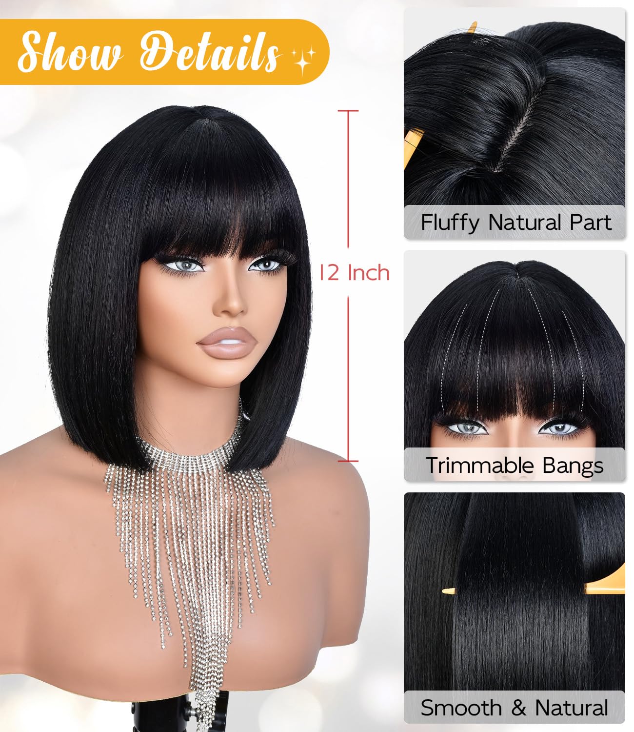 Bob Wig with Bangs for Black Women Short Straight Bob Wigs for Women Synthetic Fiber Natural Looking for Daily and Work Use