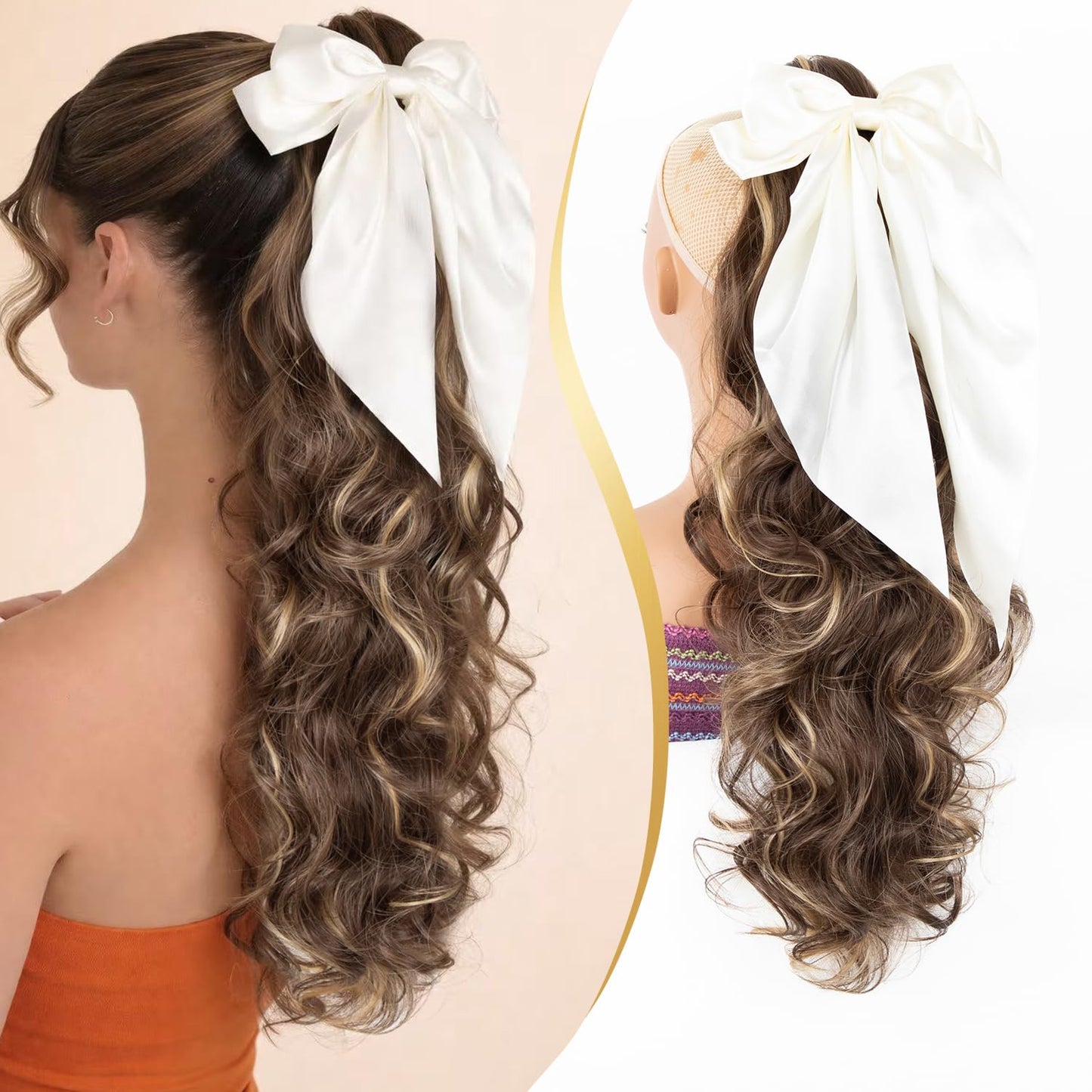 24 Inch Claw Clip in Ponytail Extension with 2 Pcs Hair Bows