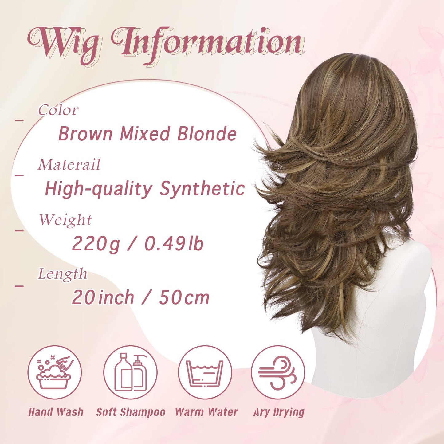 Layered Wigs with Curtain Bangs Lace Front Hairline Long Wavy Natural Looking Middle Part Synthetic Hair Wig for Women Daily Party Costume, 20 Inch