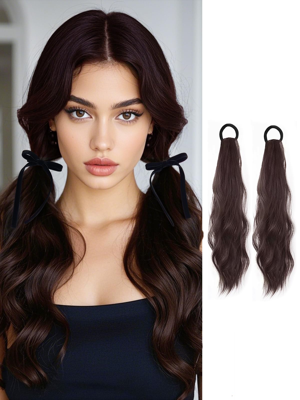 2PCS Curly Ponytail Extension with Elastic Tie 17 Inch Natural Wavy Hairpiece Synthetic Pony Tail Hair Extensions Wave Fake Ponytail Hairpieces for Women Daily Wear