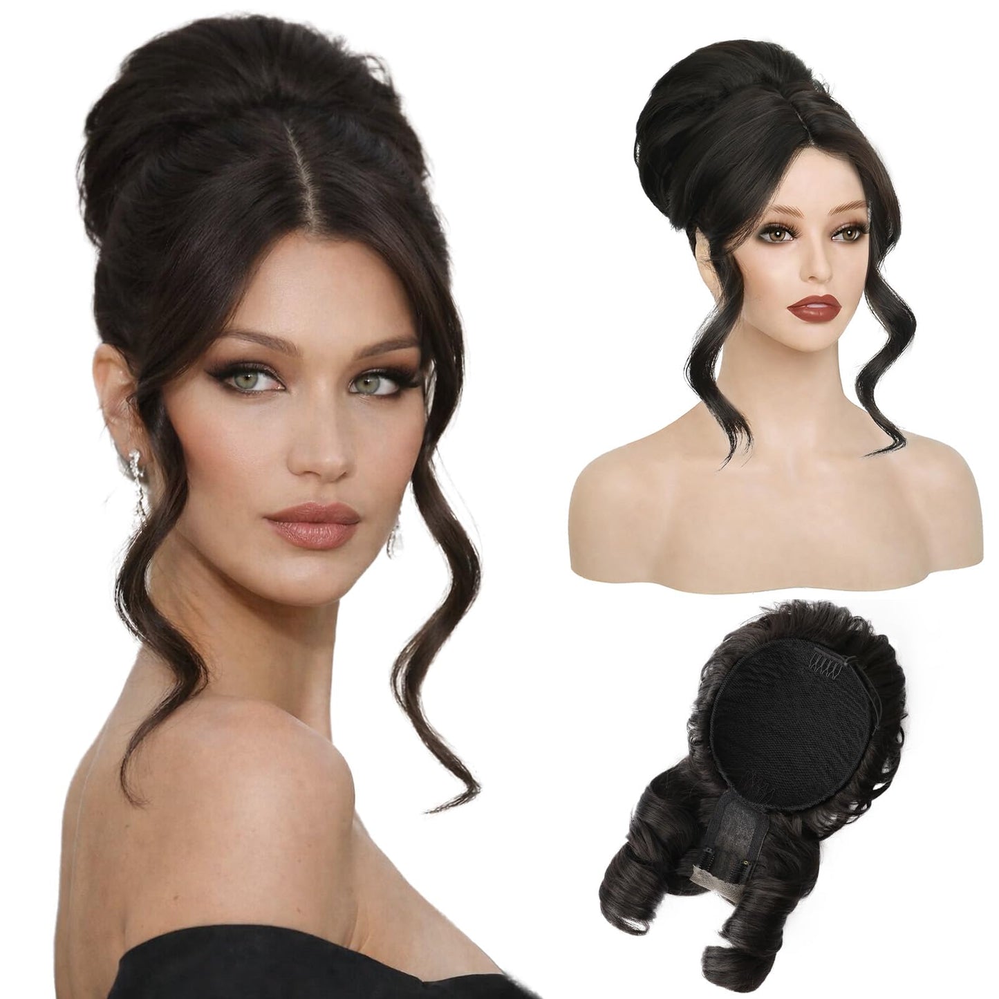 2-in-1 Messy Bun with Bangs Drawstring Ponytail Extension, Curly Updo Wig & Hair Topper with Lace Side Bangs, Lightweight Natural-Looking Hair Bun Hairpiece for Women