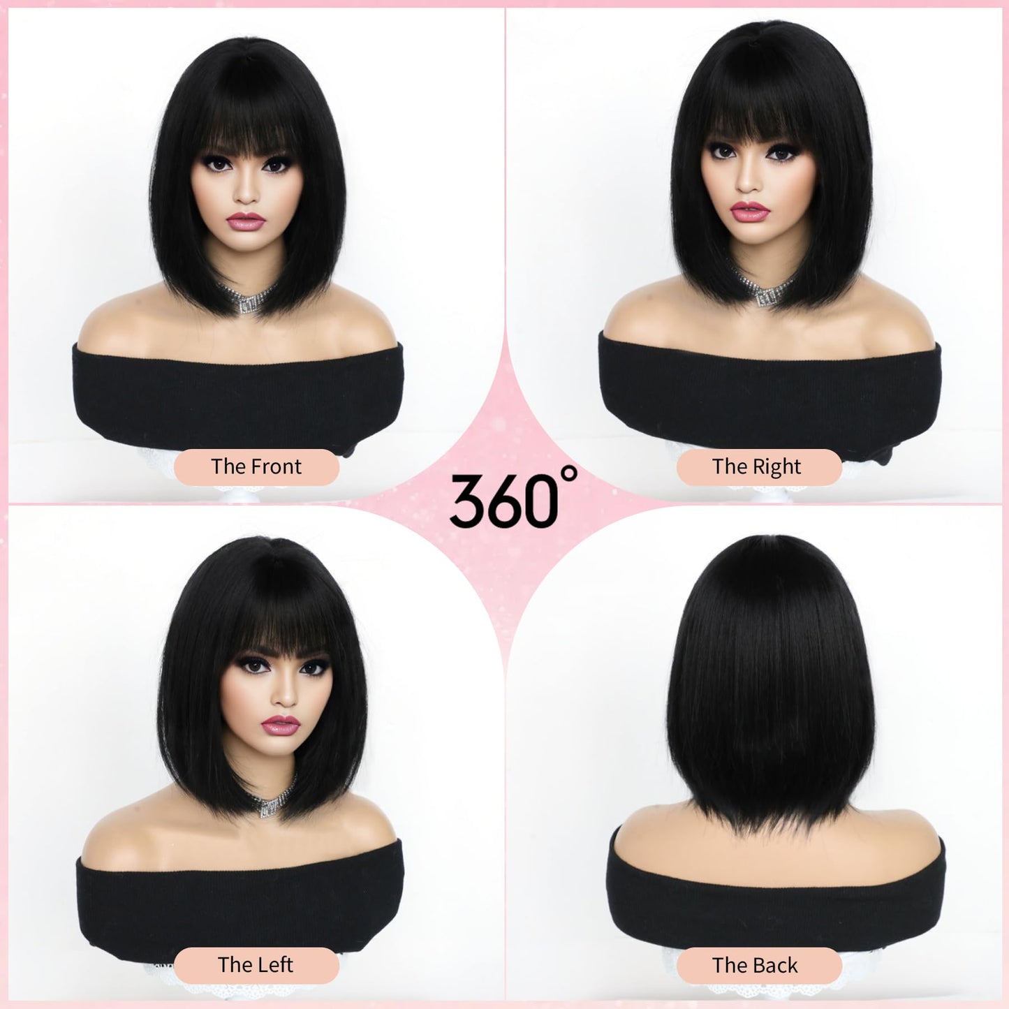 12" Short bob wig with bangs, Black / Pink Wig for women Daily Use