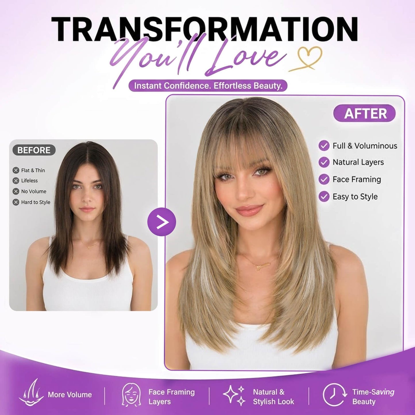 Beginner-Friendly Wig with Bangs for Women Ash Blonde Mix Platinum Highlights Straight Face-Framing Layers Hairstyle 4x4 Realistic Scalp Glueless Synthetic Wigs Medium Length for Everyday Use