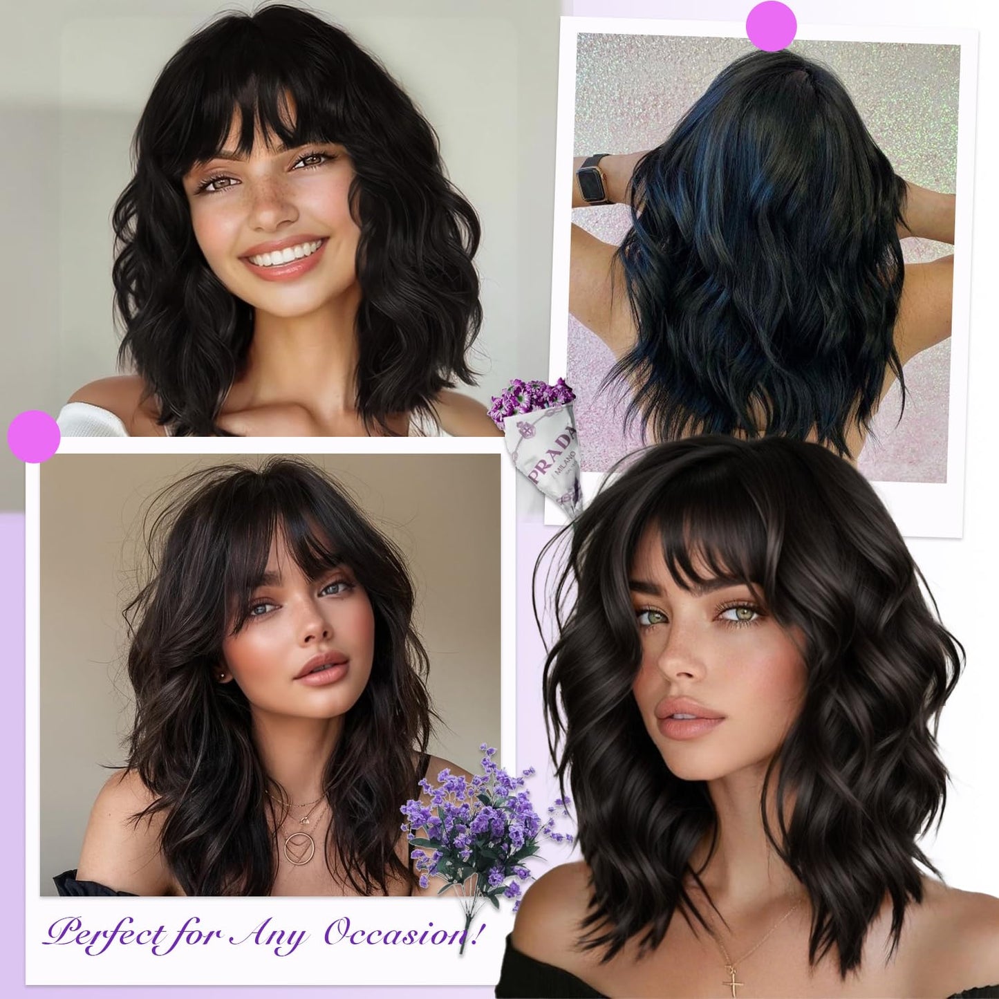 Short Wavy Wig with Bangs for Women