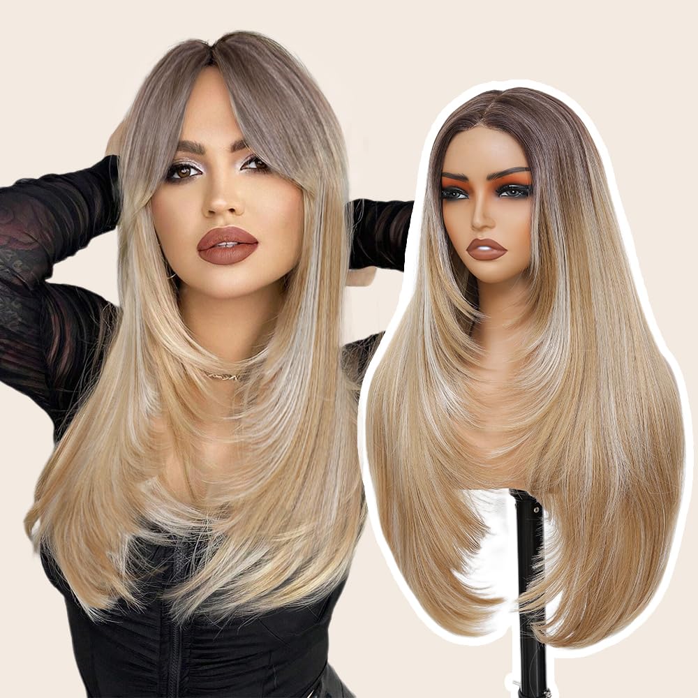 Synthetic Lace Front Wig for Women 4x1 Lace Front wigs Long Straight Layered Wigs for Black Women Wear and Go Glueless Wigs Pre Plucked Pre Cut for Beginners