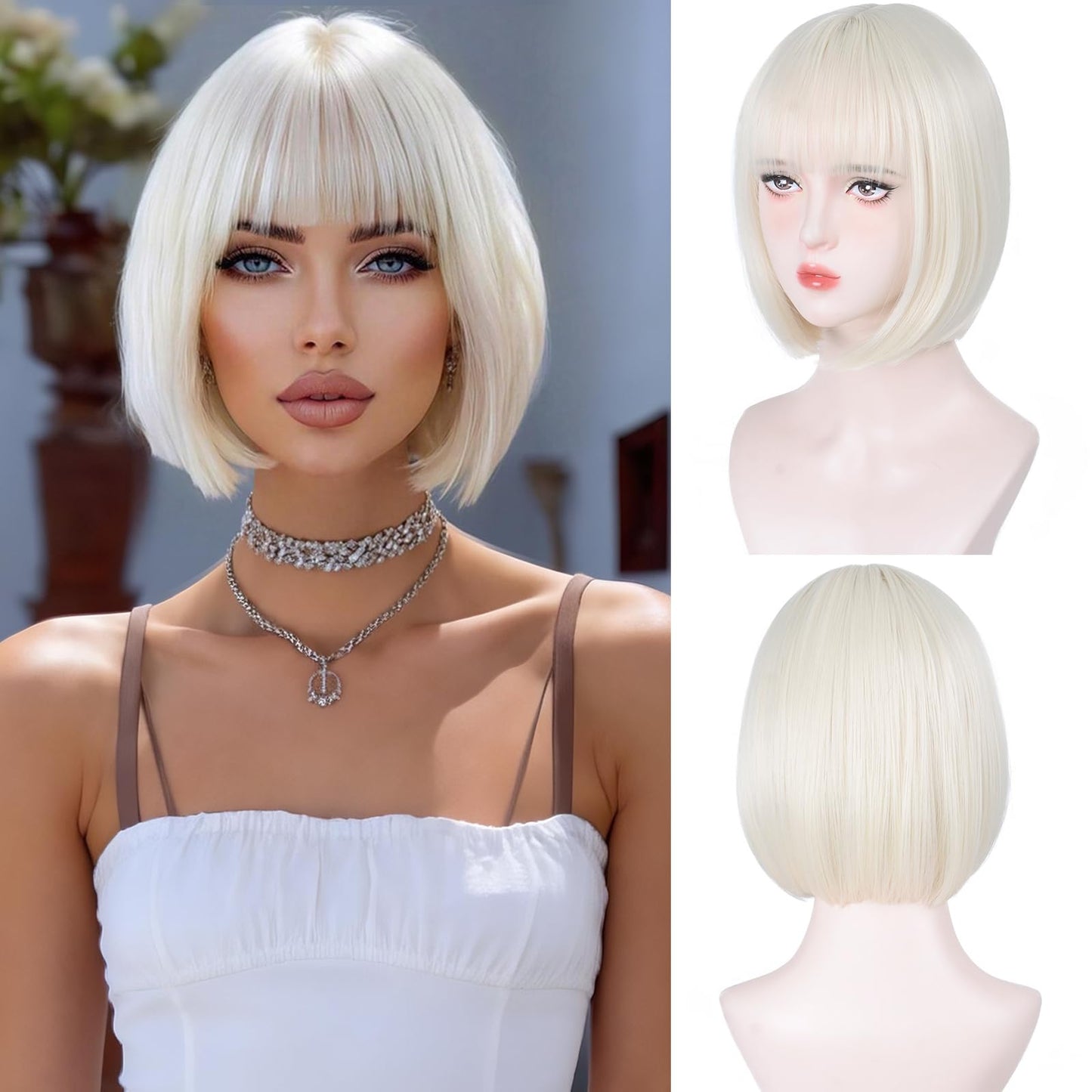 Bob Wig with Bangs-12'' Short Straight Bob Wigs for Women Super Soft and Easy to Wear, Colorful Synthetic Wig for Daily, Cosplay, Halloween