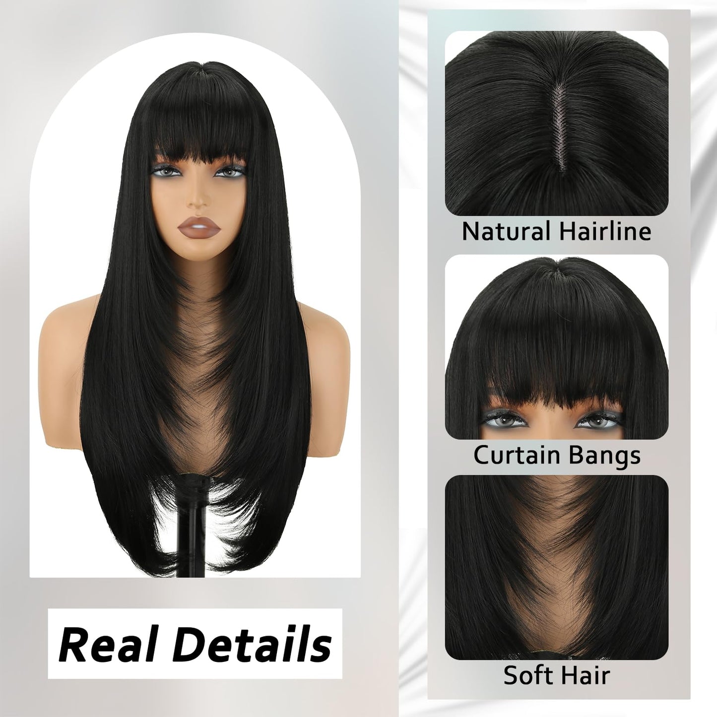 Long Straight Layered Wig with Bangs for Women
