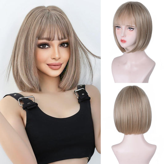 Bob Wig with Bangs-12'' Short Straight Bob Wigs for Women Super Soft and Easy to Wear, Colorful Synthetic Wig for Daily, Cosplay, Halloween