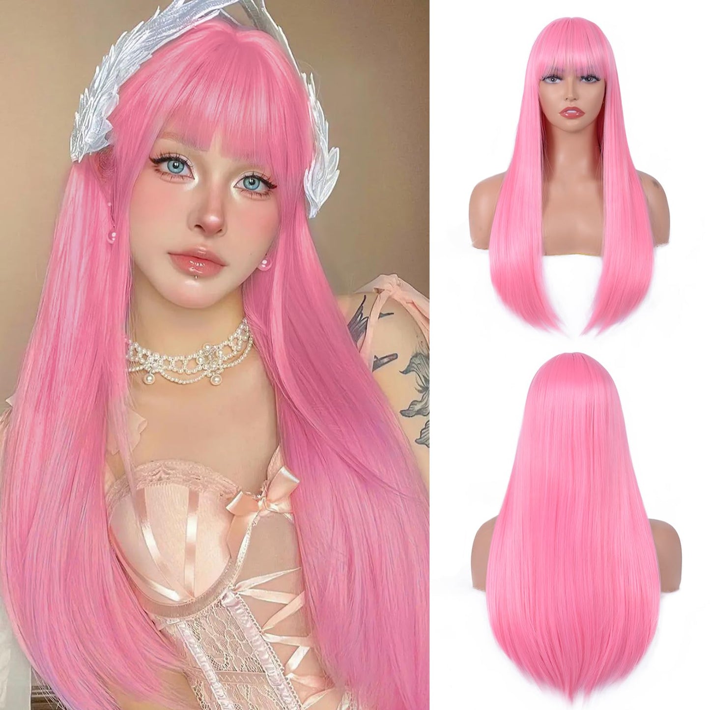 24inch Silky Straight Synthetic Wig With Bangs for Daily Use Hollaween Party