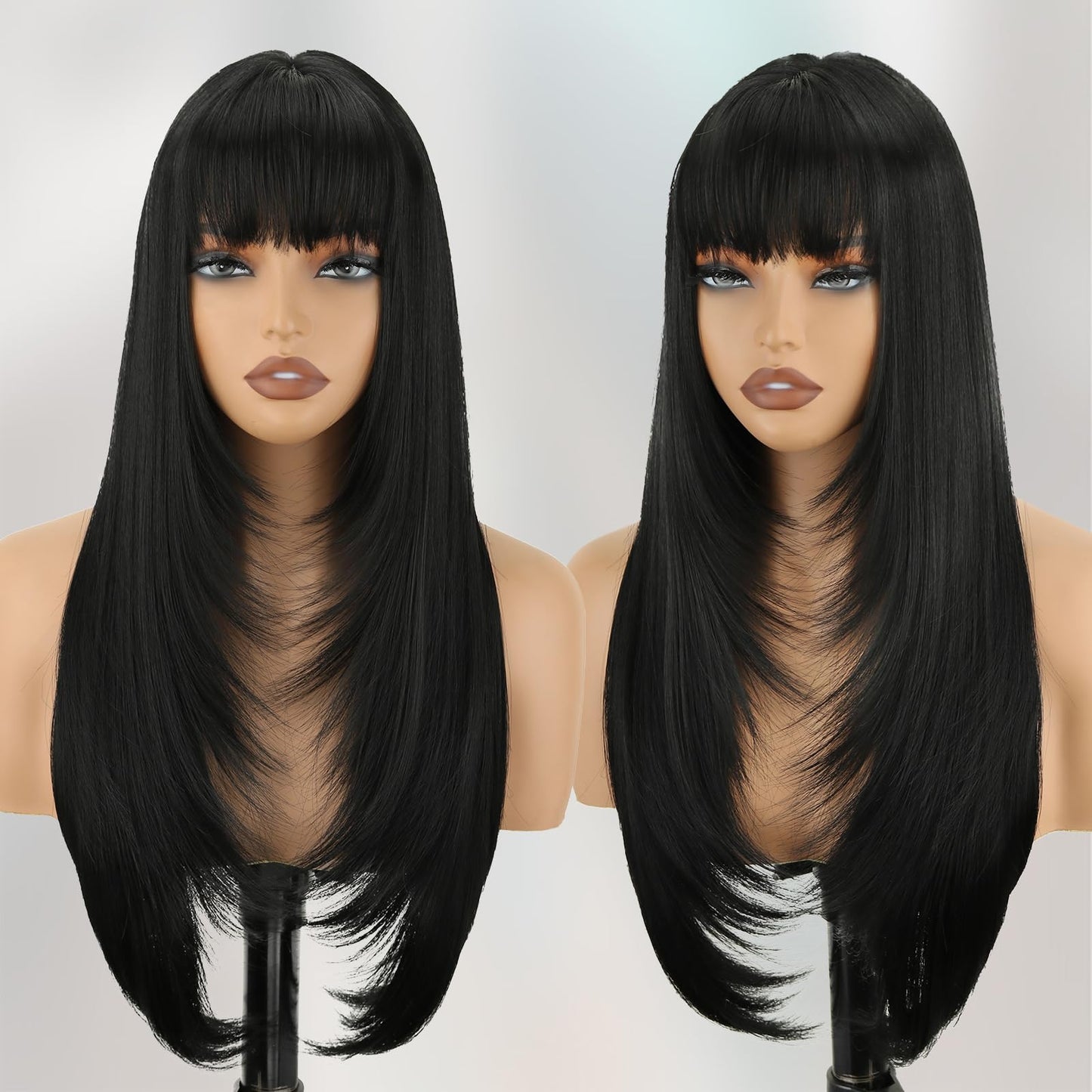 Long Straight Layered Wig with Bangs for Women