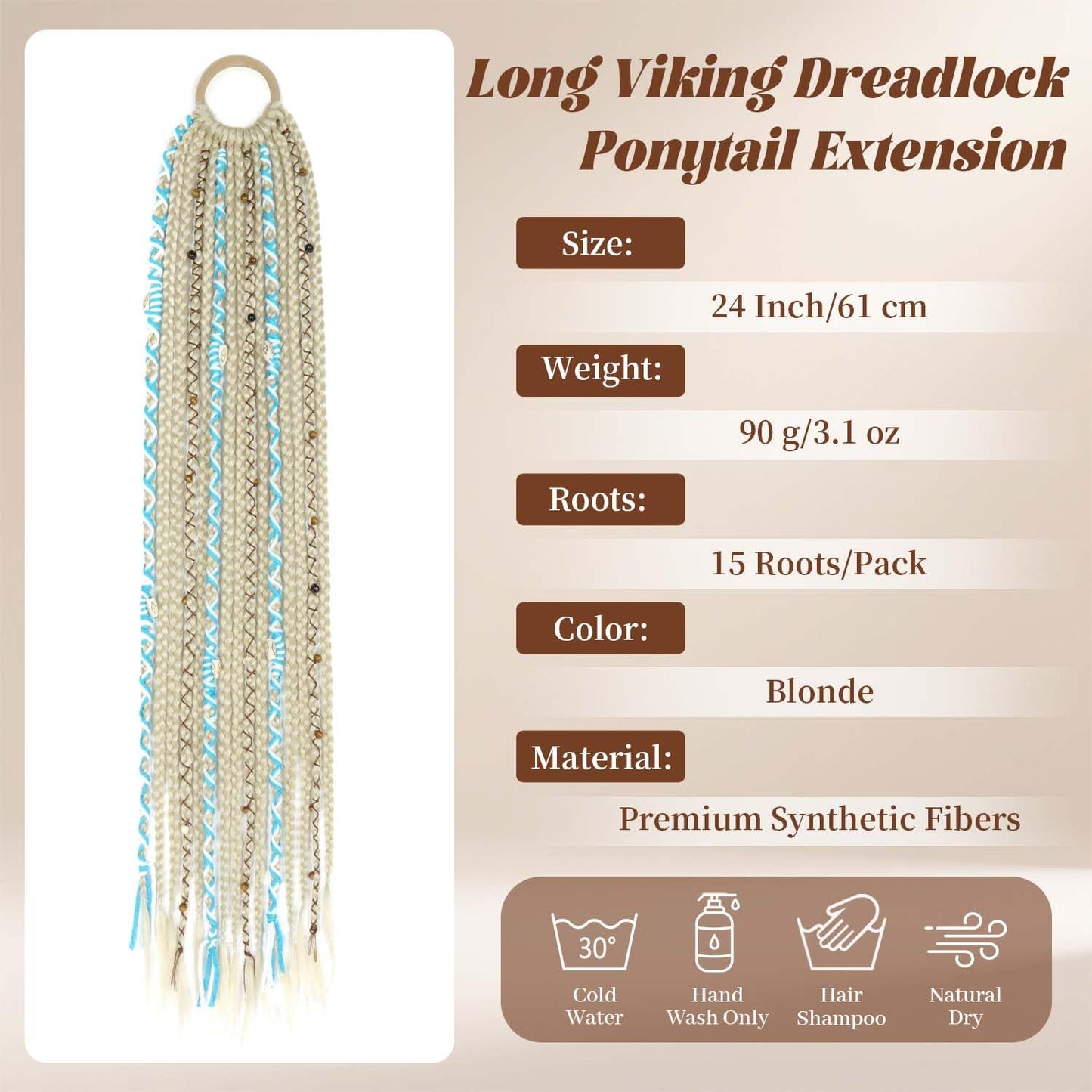 24" Boho Braided Ponytail Extension with Hair Ties, Hand-braided fashionable Long Viking Dreadlock Beads Ponytail Synthetic Hairpiece