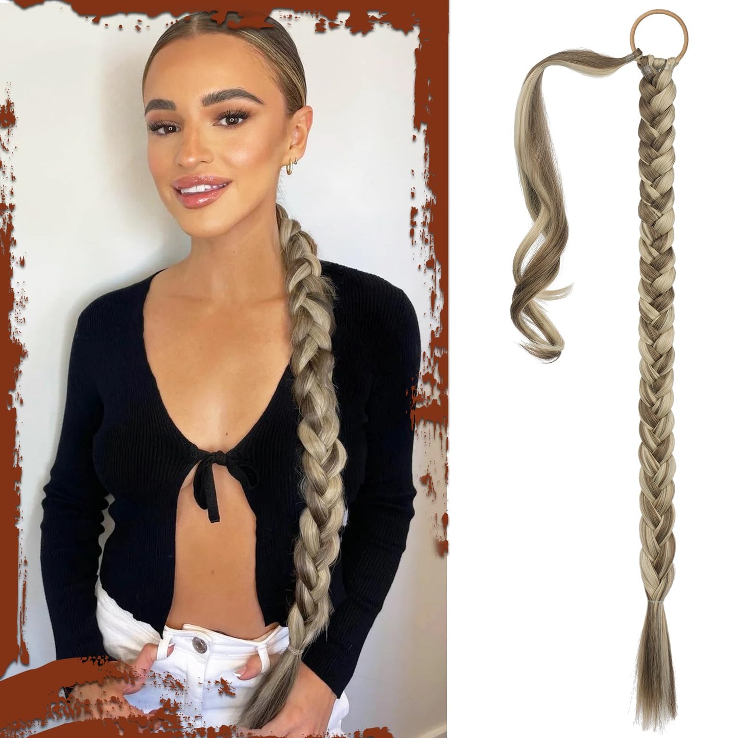 Long Braid Ponytail Extension with Hair Tie Straight Sleek Wrap Around Hair Extensions Synthetic Hair Piece Braid Pony Tail Fluffy Natural Soft Hairpieces for Women Daily Wear