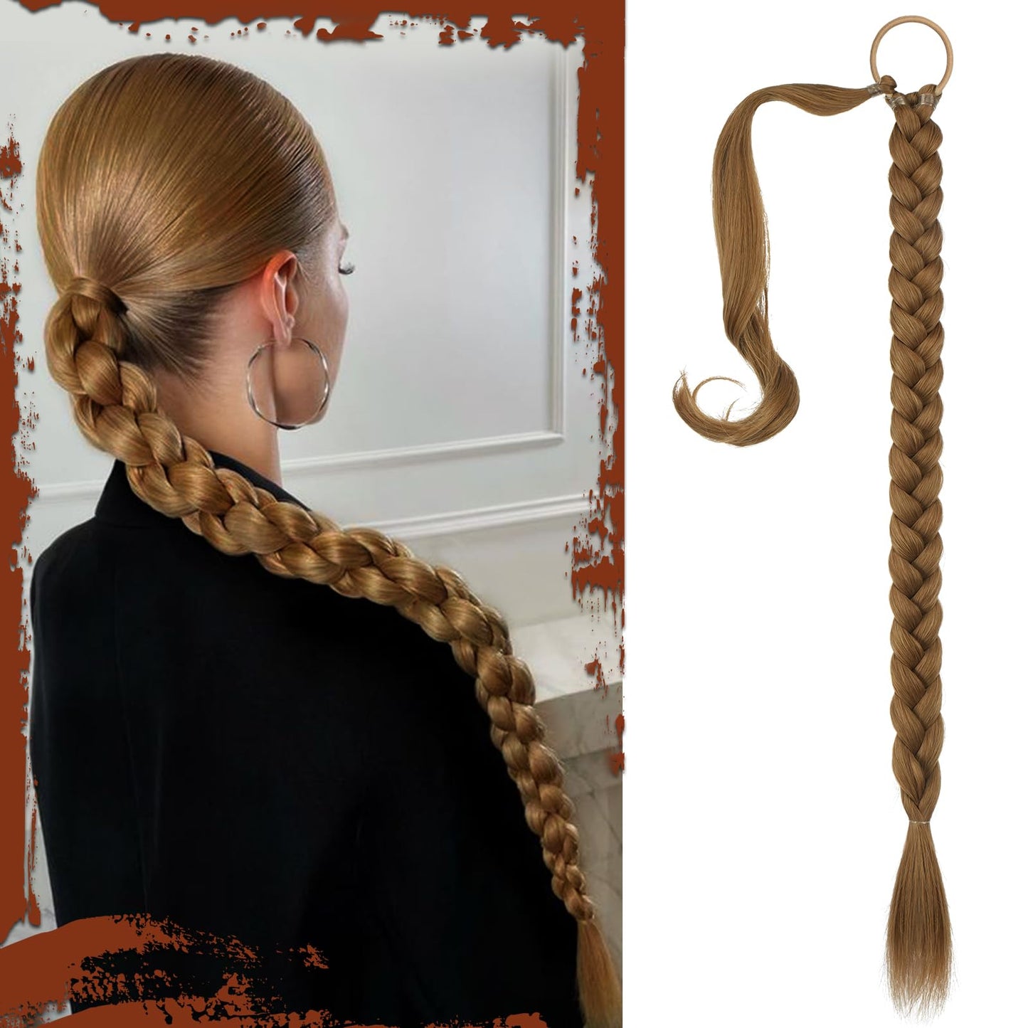 Long Braid Ponytail Extension with Hair Tie Straight Sleek Wrap Around Hair Extensions Synthetic Hair Piece Braid Pony Tail Fluffy Natural Soft Hairpieces for Women Daily Wear