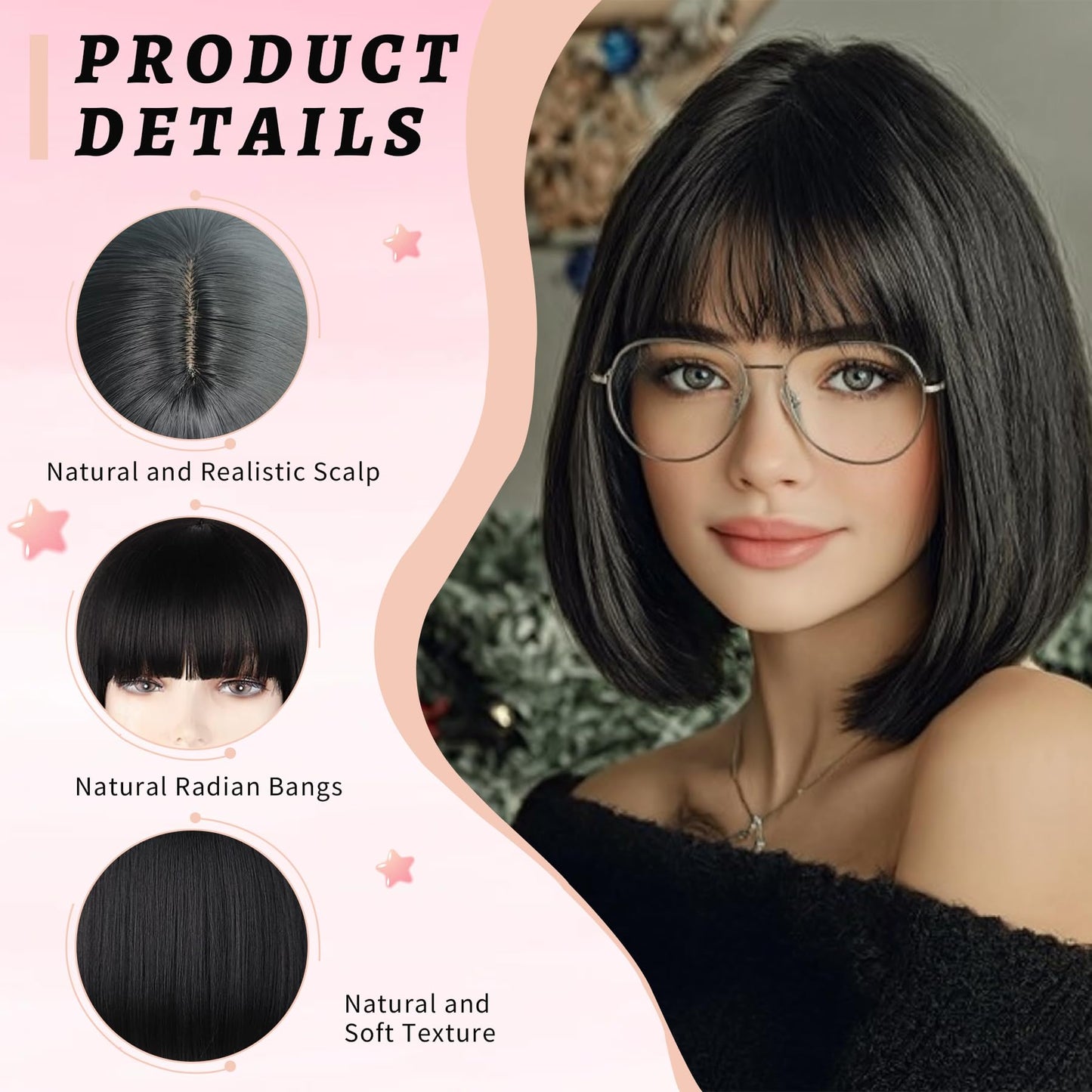 12" Short bob wig with bangs, Black / Pink Wig for women Daily Use