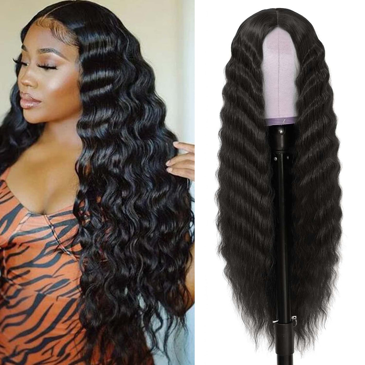 30 Inch Synthetic curly wig loose deep wave lace frontal wig middle part